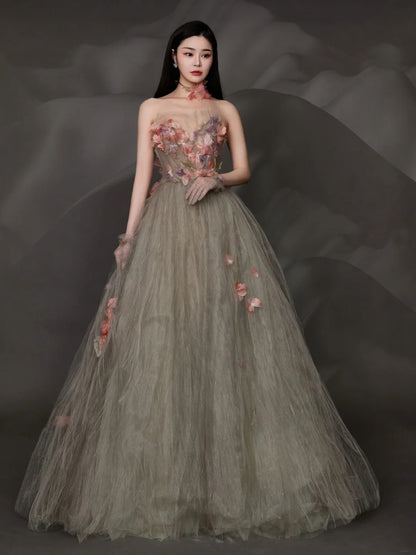Robe de bal charmante sans bretelles en tulle, longue robe de soirée formelle N275