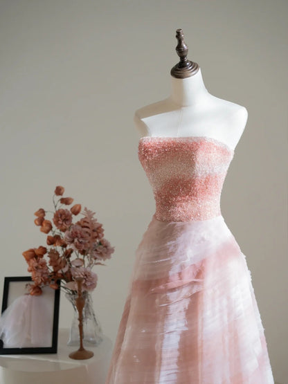 Robe de bal élégante sans bretelles en tulle rose ornée de cristaux et de perles, robe de soirée longue, tenue pour un 18e anniversaire, robe de remise de diplôme N233