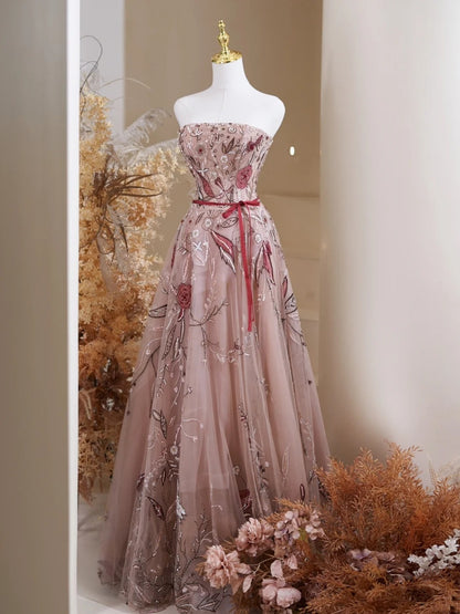 Robe de bal longue bustier en tulle et dentelle florale, idéale pour un 19e anniversaire (réf. N237)
