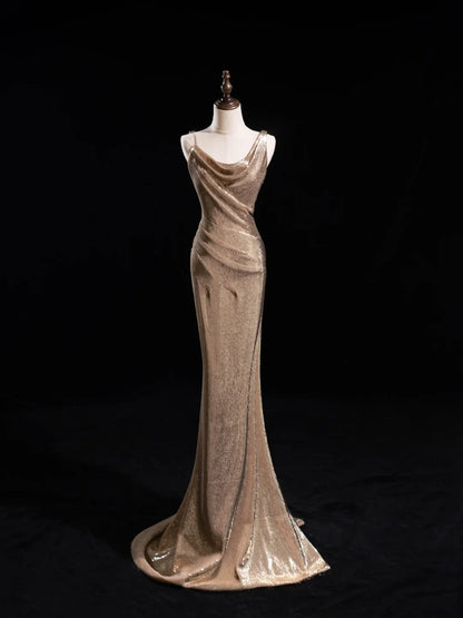 Robe de bal longue sirène à paillettes et col asymétrique, sequins, couleur champagne, inspiration tenue de soirée N228