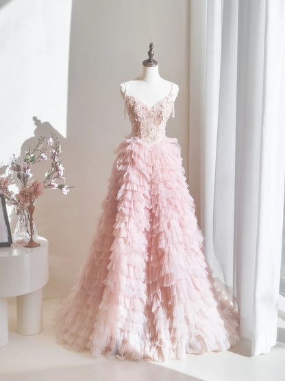 Robe de bal longue en tulle rose poudré à fines bretelles spaghetti, inspiration robe de soirée formelle N235