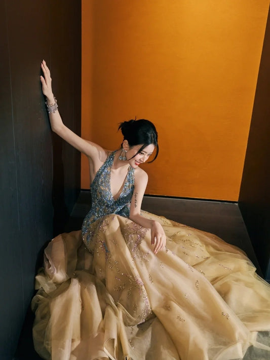 Ballkleid mit Neckholder, Champagnerfarbenes Tüllkleid, langes Abendkleid für den Abschlussball, langes formelles Abendkleid N271
