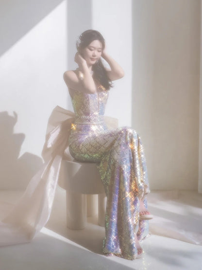 Robe de bal longue sirène à sequins et décolleté arrondi, ornée d'un nœud, inspiration tenue de soirée N227
