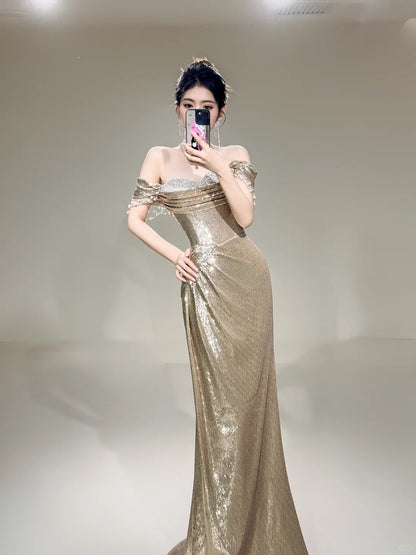 Robe de bal longue sirène à paillettes, épaules dénudées, sequins, couleur champagne, inspiration tenue de soirée N234