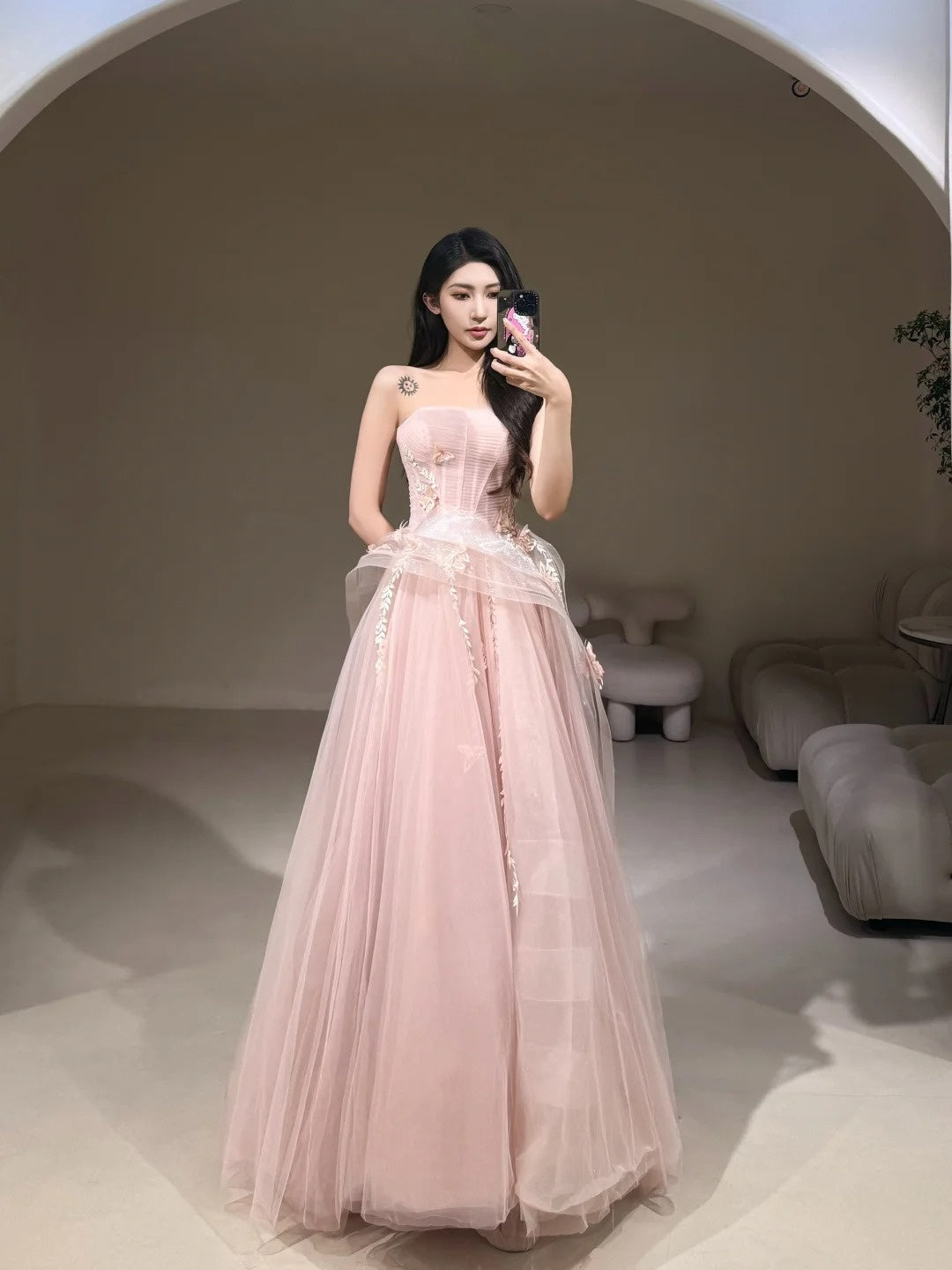 Sweet Ball Gown Strapless Pink Tulle With Lace For Women Party Dress Long Formal Prom Dresses 22th Birthday Outfits N298