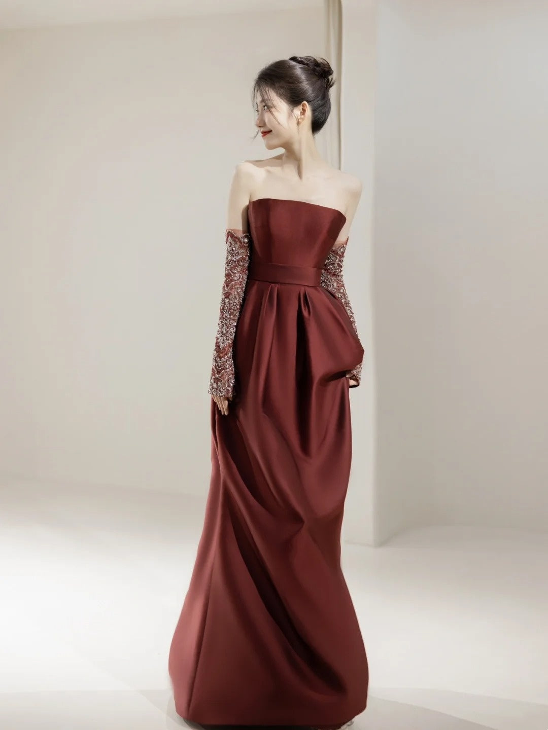 Modest Mermaid Strapless Satin With Gloves For Women Party Dress Long Formal Prom Dresses 22th Birthday Outfits N297