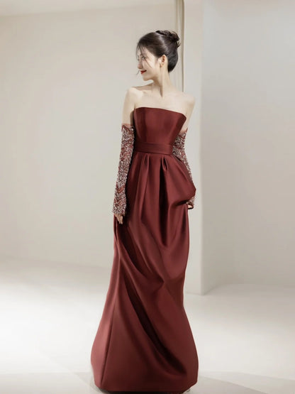 Modest Mermaid Strapless Satin With Gloves For Women Party Dress Long Formal Prom Dresses 22th Birthday Outfits N297