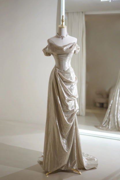 Robe de bal longue sirène simple à épaules dénudées et sequins champagne - Inspiration tenue de soirée N226