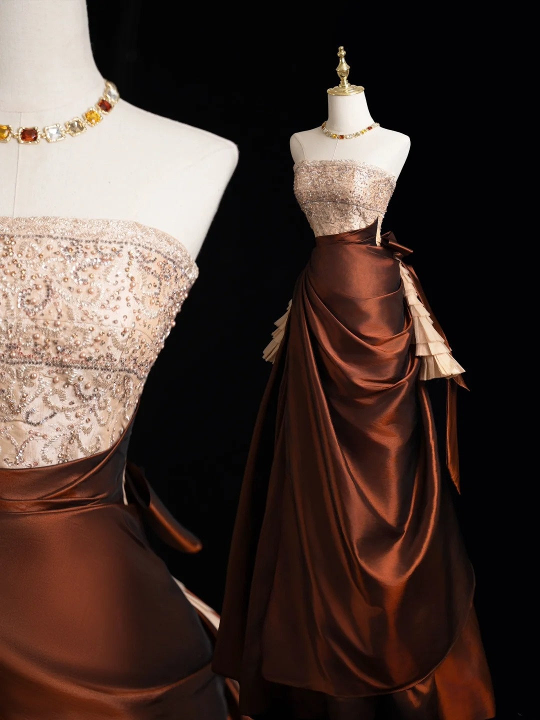 Robe de bal sobre sans bretelles, haut champagne à perles, jupe marron, robe de soirée longue, robe de bal longue, robe de soirée formelle N272