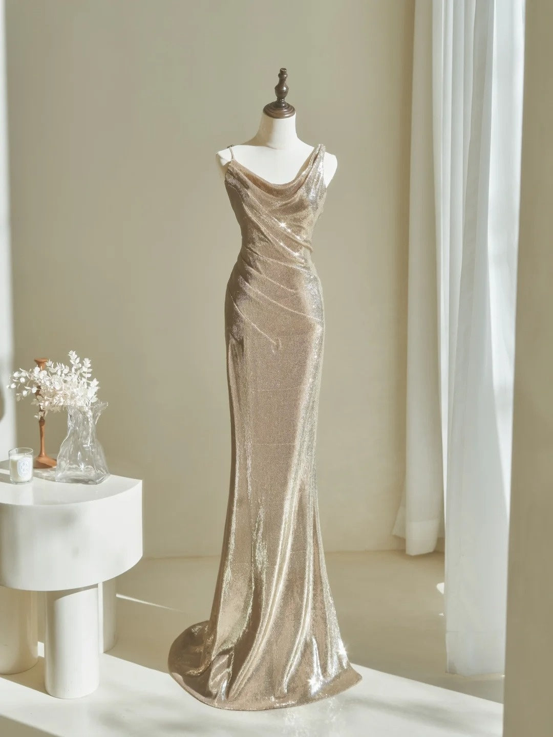 Elegantes, champagnerfarbenes Paillettenkleid im Meerjungfrauenstil für Damen – langes, formelles Ballkleid zum 22. Geburtstag (AC048)