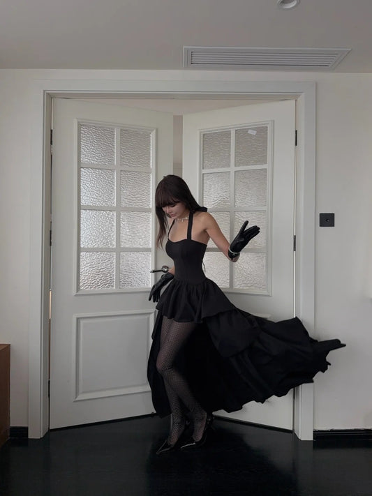 Elegantes, asymmetrisches Neckholder-Abendkleid mit Satinrüschen, langes Ballkleid, halbformelles Abendkleid N698