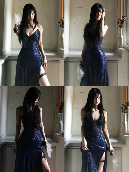 Sexy marineblaues, langes Meerjungfrauen-Abendkleid mit V-Ausschnitt, Schnürung und Schlitz, formelles Kleid AB1826