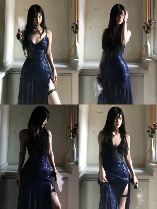 Robe de bal longue sirène bleu marine sexy à col en V et lacets, avec fente, AB1826