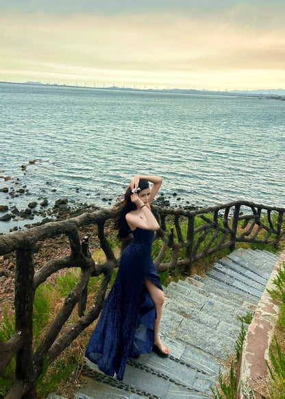 Sexy marineblaues, langes Meerjungfrauen-Abendkleid mit V-Ausschnitt, Schnürung und Schlitz, formelles Kleid AB1826