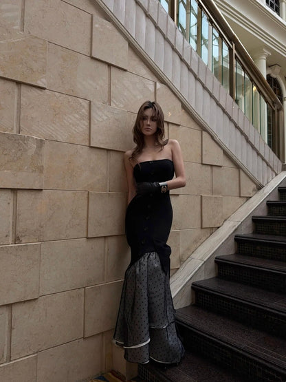 Vintage Mermaid Strapless Black Polka Dots Wedding Guest Dress Satin Long Prom Dresses Semi Formal Gown N695