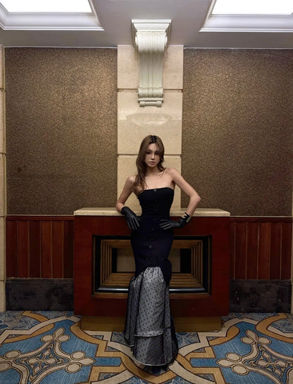 Vintage Mermaid Strapless Black Polka Dots Wedding Guest Dress Satin Long Prom Dresses Semi Formal Gown N695