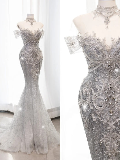 Fairytale Fantasy Art Wedding Dresses Mermaid Off The Shoulder White Sequin With Beaded Bodice Long Brides Dress Fitted Bridal Gowns N673