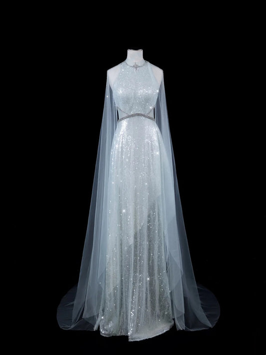 Robe de bal longue bleu ciel clair à sequins, coupe trapèze élégante, col montant, style tendance, idéale pour les soirées et les cérémonies de fin d'année (réf. N688).