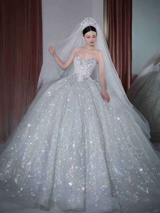 Modern Minimalist Ball Gown Sweetheart Sleeveless White Sequined Brides Gown Bridal Dress Wedding Dresses Style RB6563