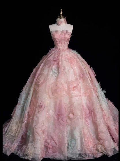 Robe de bal modeste sans bretelles en tulle rose à fleurs, inspiration robes de soirée, robe de princesse formelle N755
