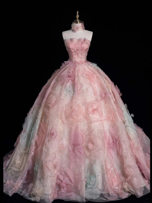 Elegantes, trägerloses Ballkleid aus rosa Tüll mit Blumenmuster – Inspiration für festliche Anlässe und Prinzessinnen-Abendkleider N755