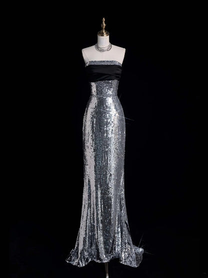 Robe de bal longue sans manches à paillettes grises, style sirène, bustier, pour femmes et jeunes filles, N666