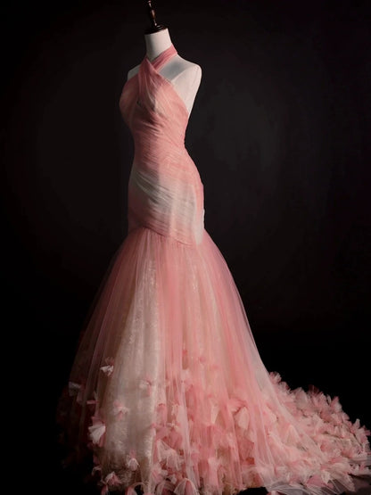 Robe de bal longue sirène élégante en tulle rose à col halter, idéale pour les soirées étudiantes et les remises de diplômes (N1229)