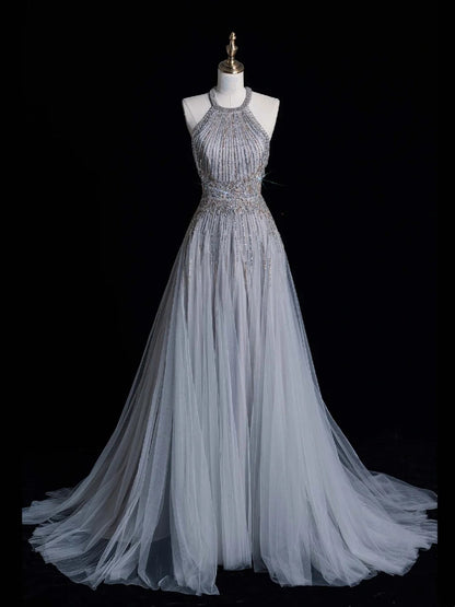 Robe de bal de fin d'année chic, coupe trapèze, dos nu, sequins gris argentés, robe longue de soirée pour lycéennes N1270