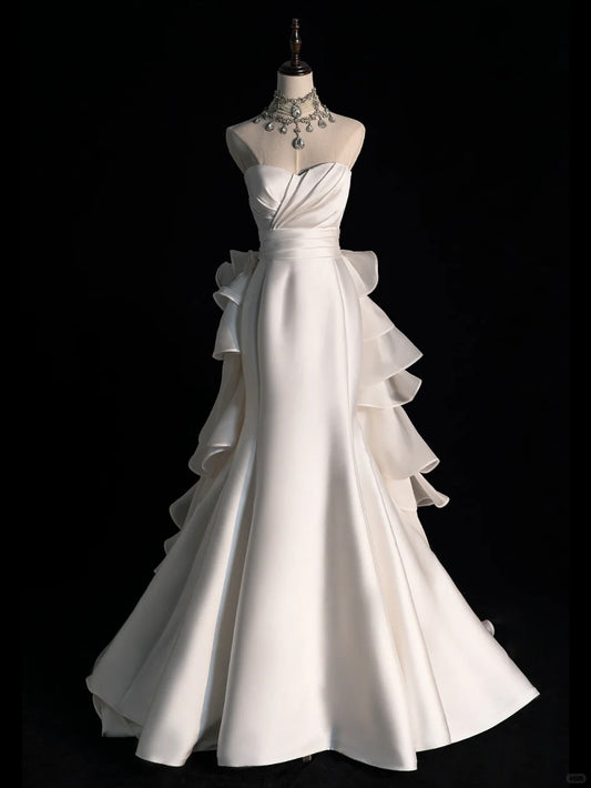 Pretty Mermaid Sweetheart Satin White With Ruffled Brides Gown Bridal Dress Style Long Wedding Dresses RB6568