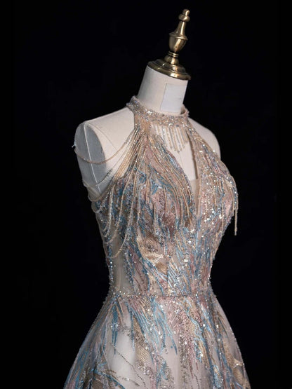 Funkelndes, langes, formelles Abendkleid mit A-Linien-Ausschnitt und Pailletten, langes Ballkleid N746