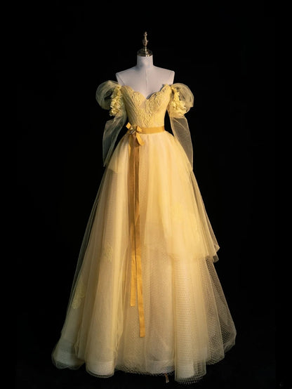 Robe de bal modeste à épaules dénudées en tulle jaune, tenue de soirée pour jeunes filles de 16 ans, manches longues, modèle N1169