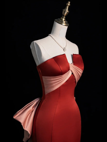 Classy Mermaid Strapless Rust Red Satin Sleeveless Long Senior Prom dresses High School Formal Dresses N1268