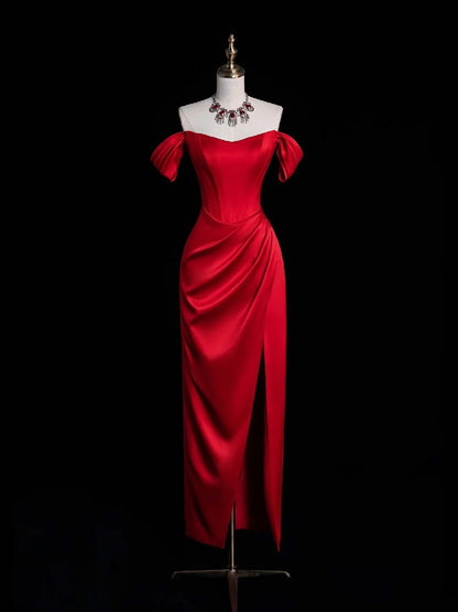 Elegantes, schulterfreies, rotes Satin-Etui-Kleid mit Schlitz für den Abschlussball (High School) – Langes, formelles Kleid N1271