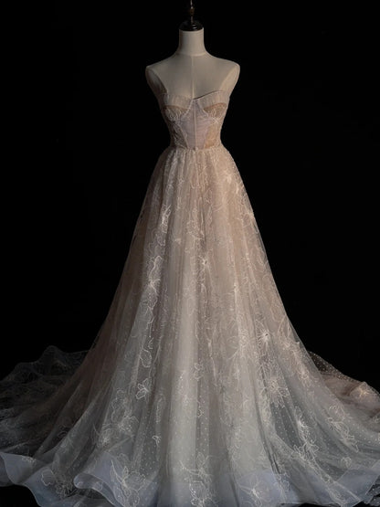 Charming A Line Sweetheart With Appliques White Lace Tulle Wedding Dress Long Fairytale Autumn Bridal Dresses N677