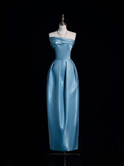 Wunderschönes, trägerloses, langes, formelles Abendkleid aus blauem Satin in A-Linie, ideal für Ball und Abiball (Modell N740)