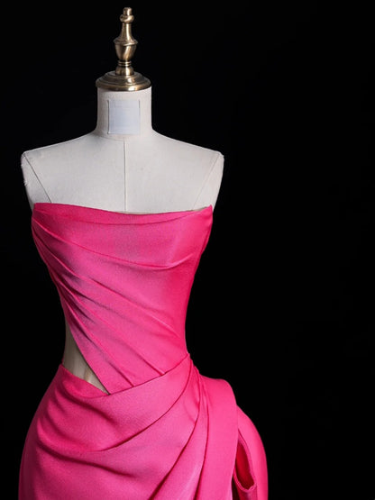 Einfaches, trägerloses, plissiertes, langes Meerjungfrauen-Abendkleid aus rosa Satin mit Satin-Details, Abendkleid N849