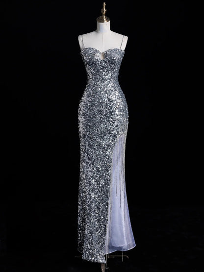 Robe de bal de fin d'année sirène chic à bretelles spaghetti et sequins gris argentés, robe longue de soirée pour lycéennes N1269