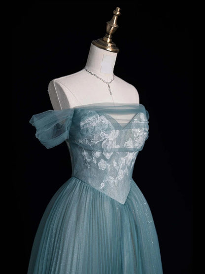 Magnifique robe de bal longue en tulle bleu à épaules dénudées, inspiration robes de soirée, robe de cérémonie N1228