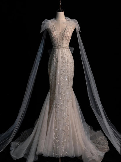 Robe de mariée sirène à paillettes ivoire, col en V, coupe ajustée, modèle N1353