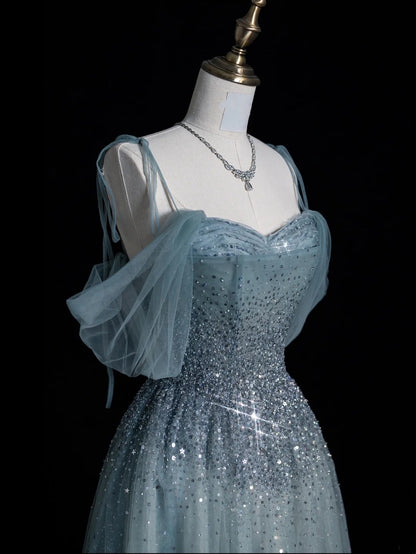 Elegant Ball Gown Off The Shoulder Dusty Grey Tulle Long Prom Dresses For Teens Evening Outfits Formal Dress N1090