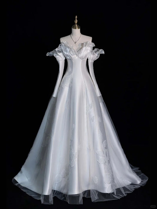 Pretty Ball Gown Off The Shoulder White Satin Brides Gown Bridal Dress Style Long Wedding Dresses RB6561