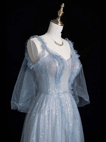 Robe de bal longue en tulle bleu à fines bretelles - Inspiration robes de soirée - Robe de cérémonie N1223