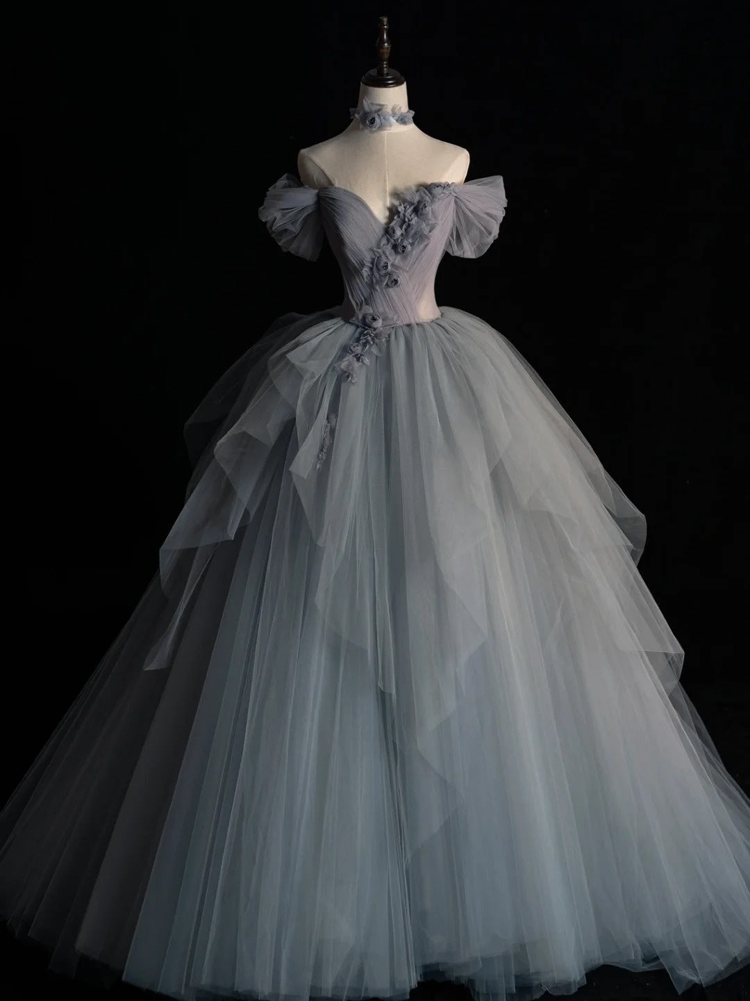 Robe de bal modeste à épaules dénudées en tulle argenté, inspiration robes de soirée, robe de princesse formelle N1280