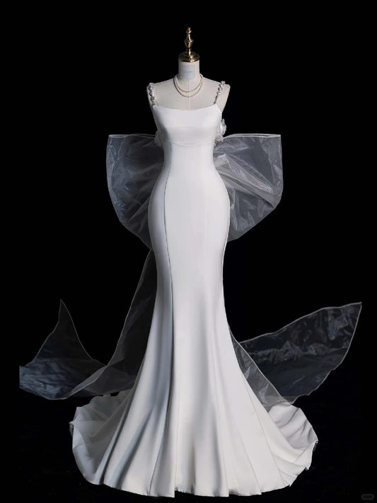Dreamy Mermaid Straps Satin White With Bow Brides Gown Bridal Dress Style Long Wedding Dresses RB6569