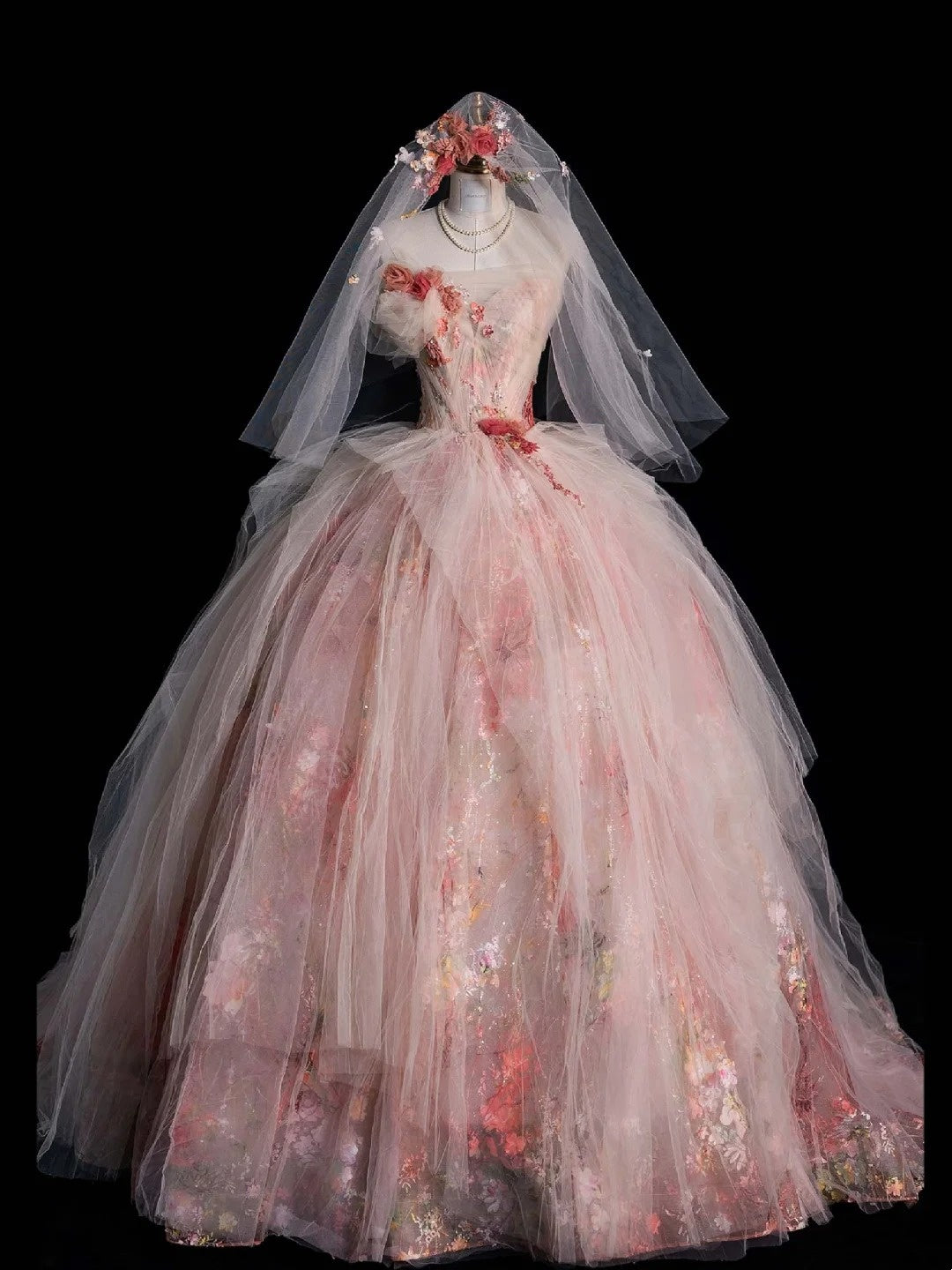Robe de bal modeste sans bretelles en tulle rose à fleurs, inspiration robes de soirée, robe de princesse formelle N756