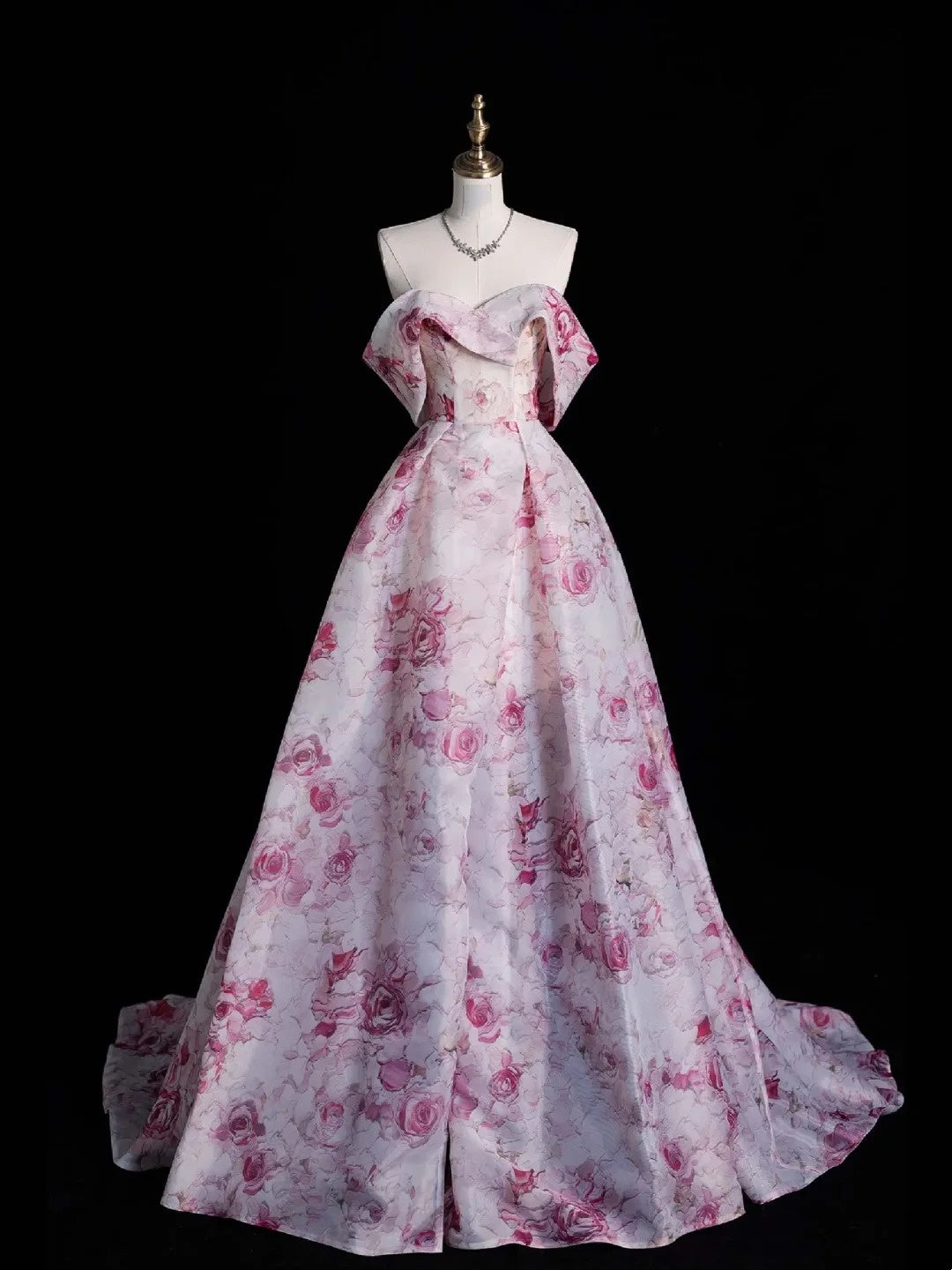 Modest Ball Gown Off The Shoulder With Short Sleeves Pink Floral Long Prom Dress For Women Girls Evening Dresses N653
