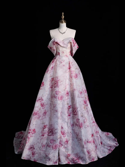 Modest Ball Gown Off The Shoulder With Short Sleeves Pink Floral Long Prom Dress For Women Girls Evening Dresses N653