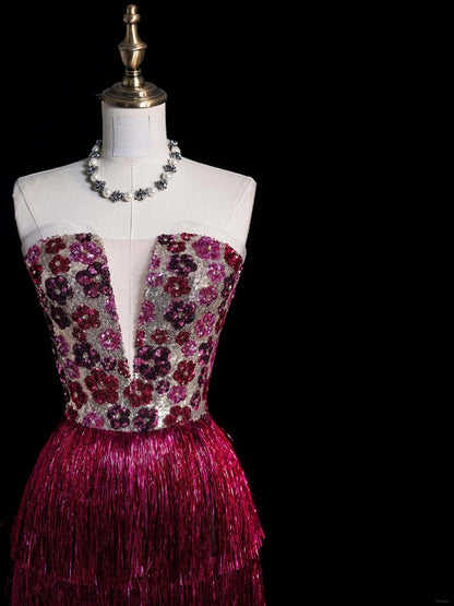 Robe de bal longue fourreau rose à sequins et pompons, sans bretelles, élégante et raffinée (N1073)