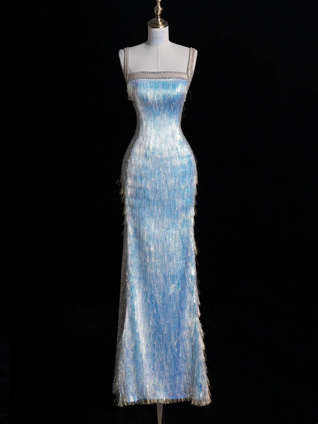 Robe de bal longue bleue à fines bretelles et paillettes, style sirène, inspiration pour un 18e anniversaire, robe de soirée N487