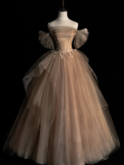 Elegant Ball Gown Off The Shoulder Champagne With Sleeves Tulle Inspiration Long Prom Dresses N1227